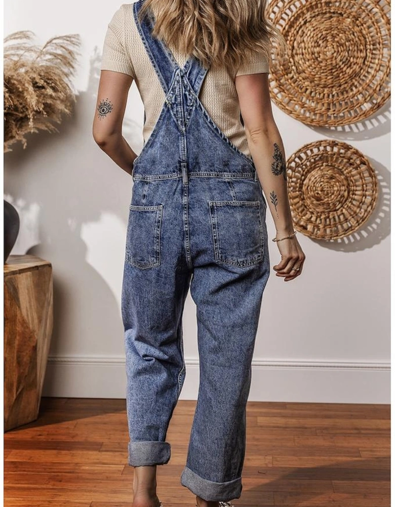 Sail Blue Denim Bib Straight Leg Jumpsuit with Pockets