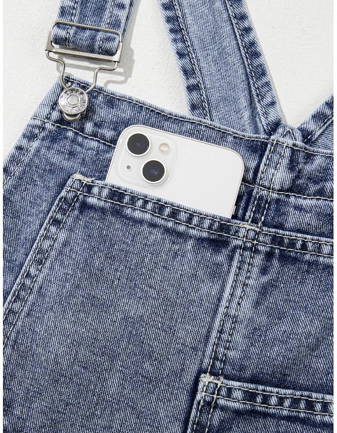 Sail Blue Denim Bib Straight Leg Jumpsuit with Pockets