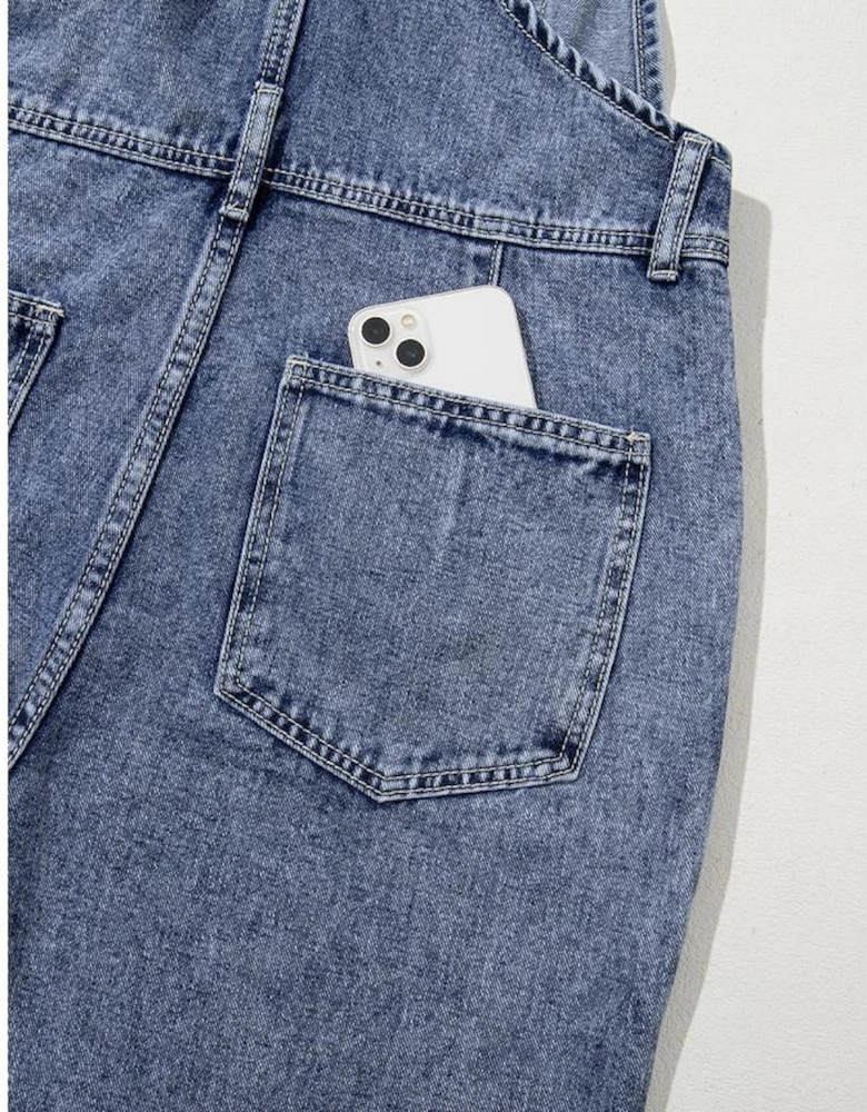 Sail Blue Denim Bib Straight Leg Jumpsuit with Pockets