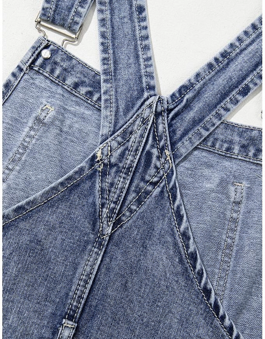 Sail Blue Denim Bib Straight Leg Jumpsuit with Pockets