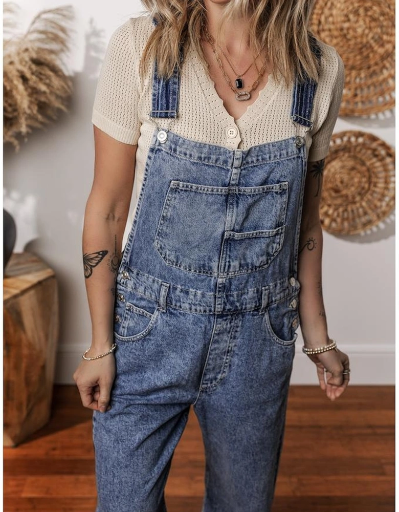 Sail Blue Denim Bib Straight Leg Jumpsuit with Pockets
