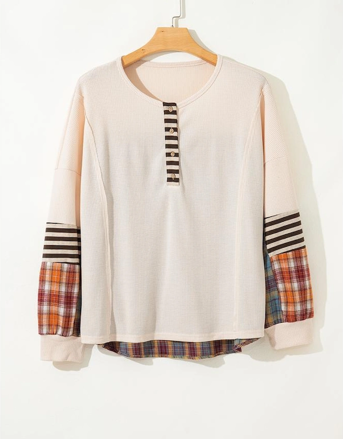Parchment Plus Size Waffle Colorblock Striped Plaid Patchwork Half Button Pullover