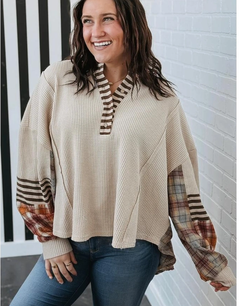 Parchment Plus Size Waffle Colorblock Striped Plaid Patchwork Half Button Pullover
