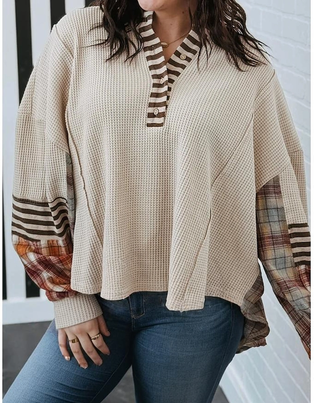 Parchment Plus Size Waffle Colorblock Striped Plaid Patchwork Half Button Pullover