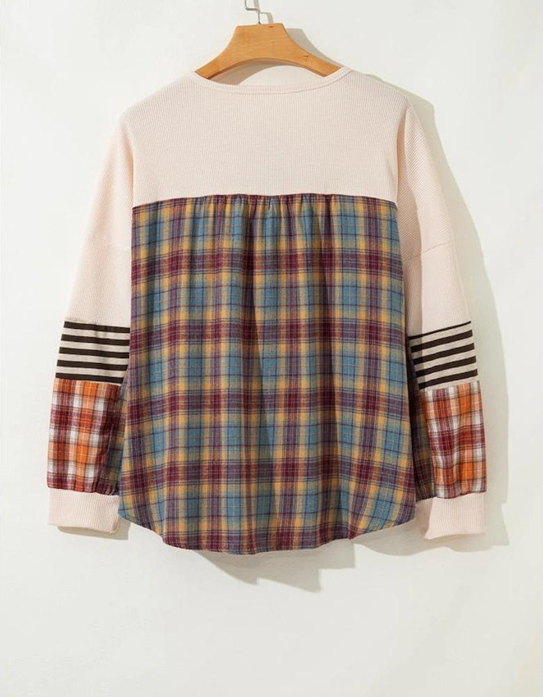 Parchment Plus Size Waffle Colorblock Striped Plaid Patchwork Half Button Pullover