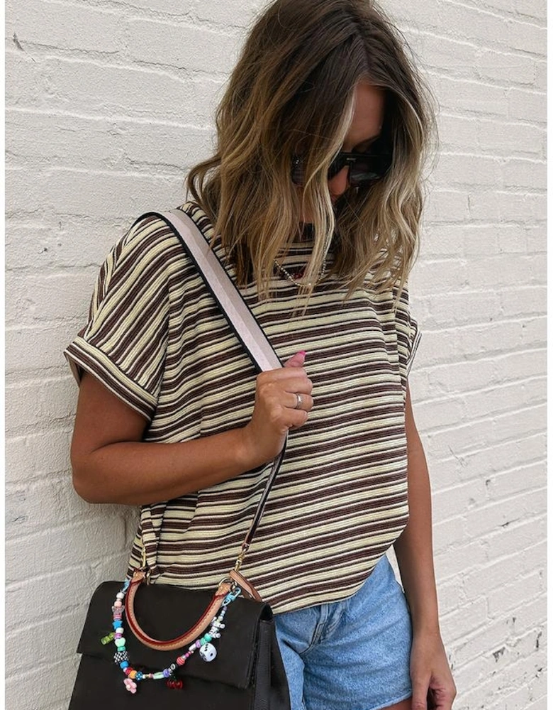 Brown Stripe Textured Side Slits Crew Neck T Shirt