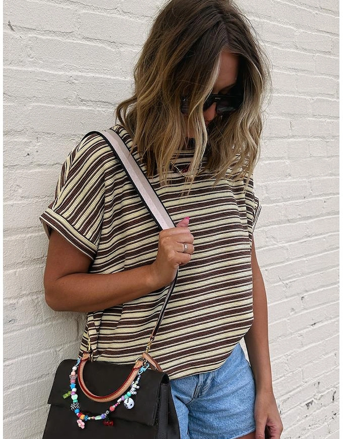 Brown Stripe Textured Side Slits Crew Neck T Shirt, 12 of 11