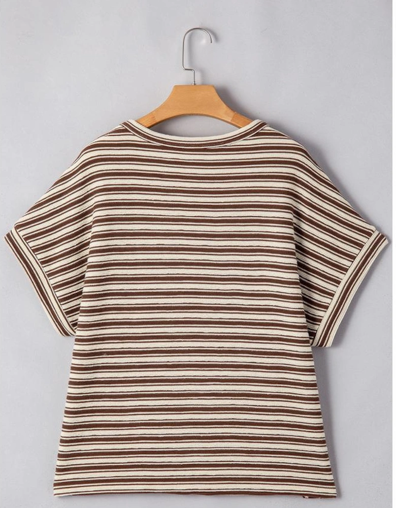 Brown Stripe Textured Side Slits Crew Neck T Shirt