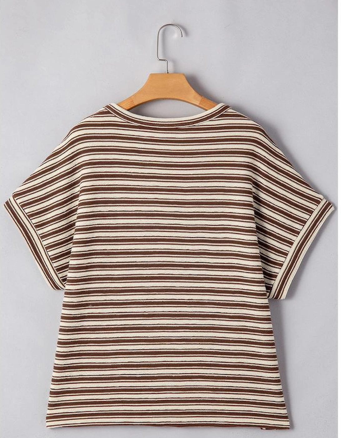 Brown Stripe Textured Side Slits Crew Neck T Shirt