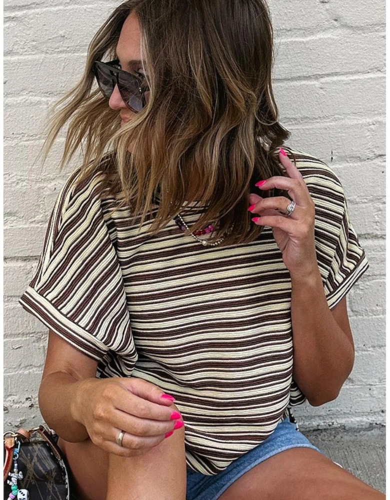 Brown Stripe Textured Side Slits Crew Neck T Shirt