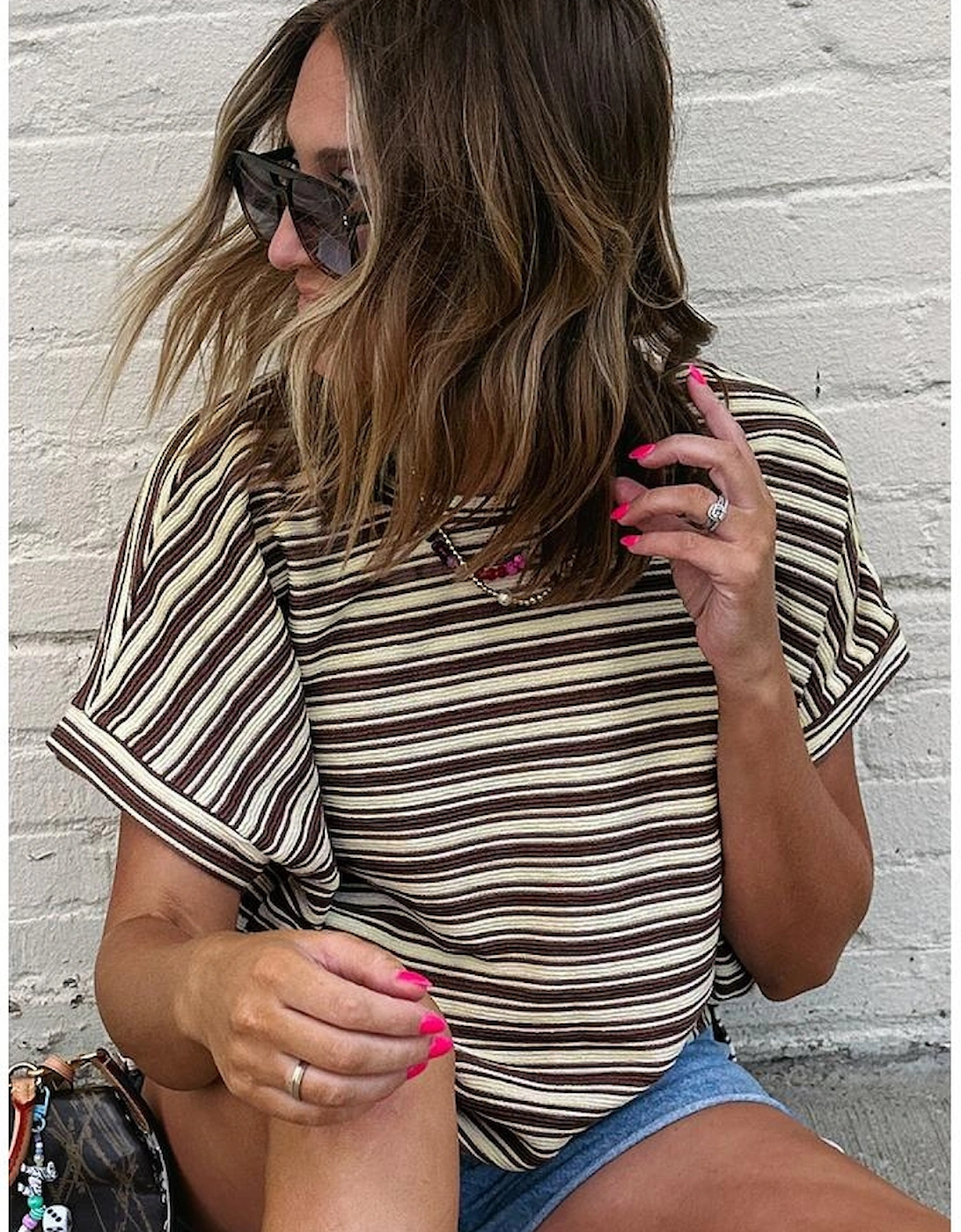 Brown Stripe Textured Side Slits Crew Neck T Shirt