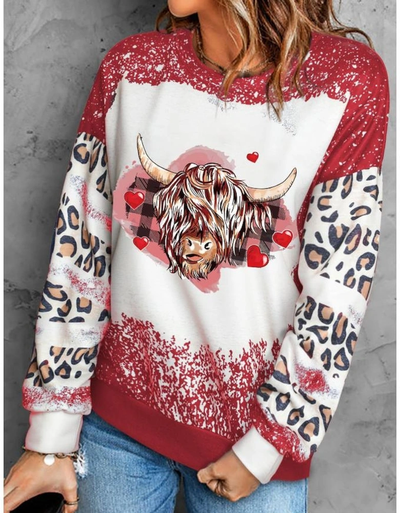 Red Valentines Heifer Graphic Print Leopard Bleached Sweatshirt
