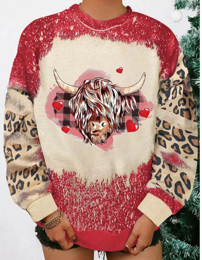 Red Valentines Heifer Graphic Print Leopard Bleached Sweatshirt