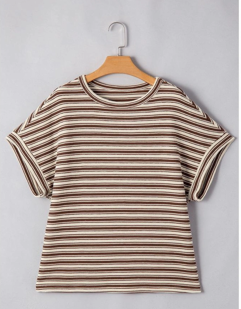 Brown Stripe Textured Side Slits Crew Neck T Shirt