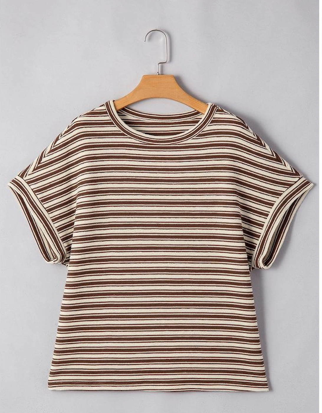 Brown Stripe Textured Side Slits Crew Neck T Shirt