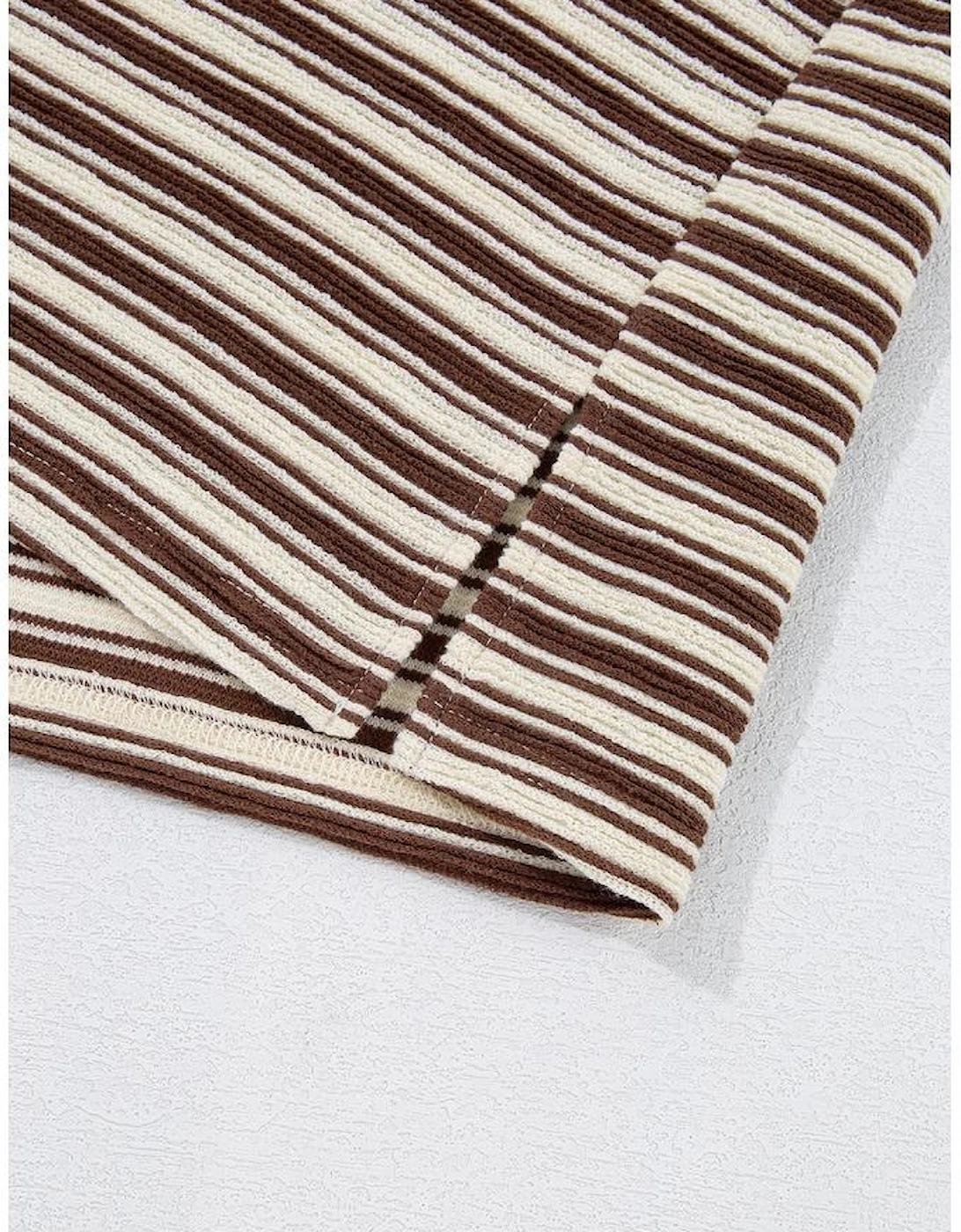 Brown Stripe Textured Side Slits Crew Neck T Shirt