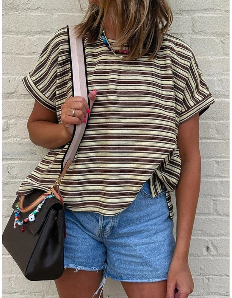 Brown Stripe Textured Side Slits Crew Neck T Shirt