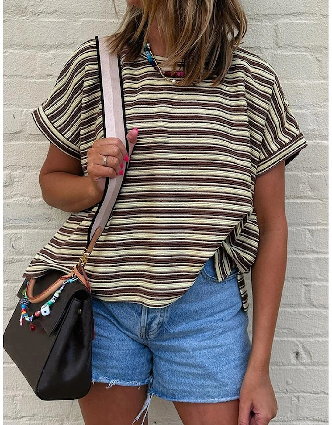 Brown Stripe Textured Side Slits Crew Neck T Shirt