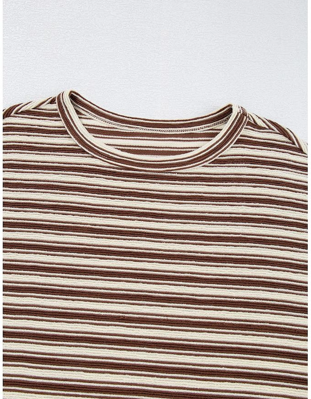 Brown Stripe Textured Side Slits Crew Neck T Shirt