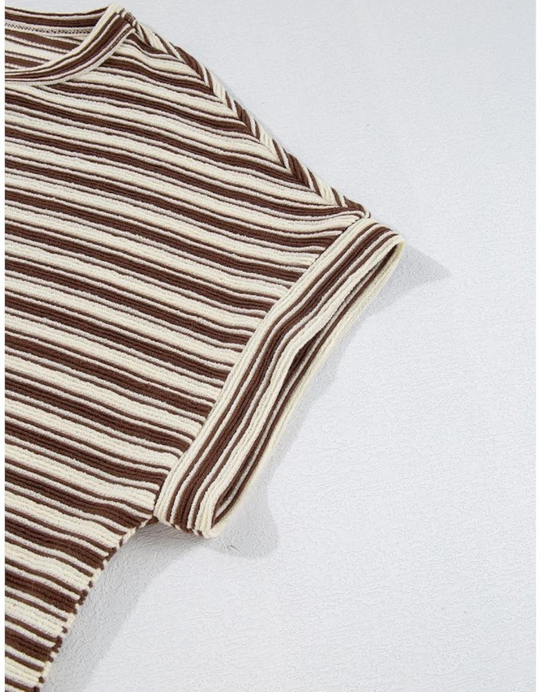 Brown Stripe Textured Side Slits Crew Neck T Shirt