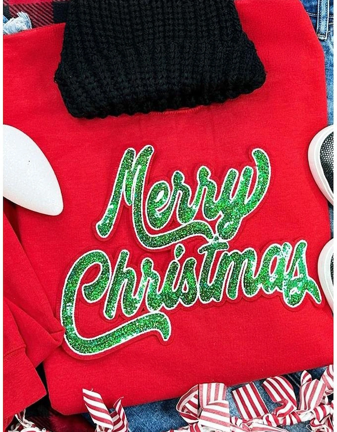Red Merry Christmas Crewneck Drop Shoulder Loose Sweatshirt