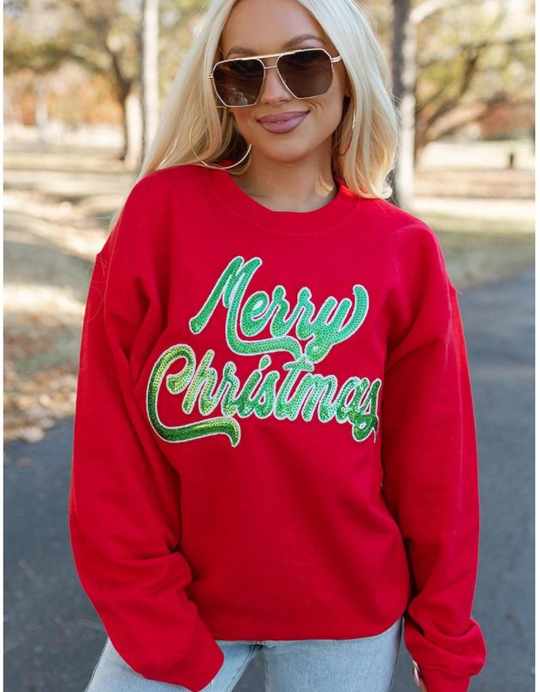 Red Merry Christmas Crewneck Drop Shoulder Loose Sweatshirt