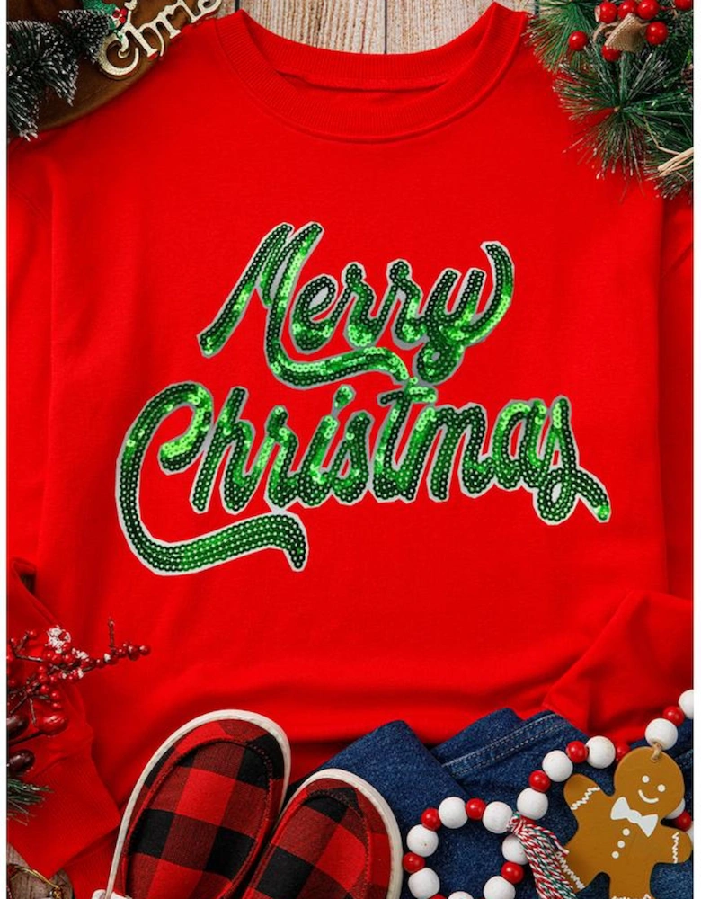 Red Merry Christmas Crewneck Drop Shoulder Loose Sweatshirt