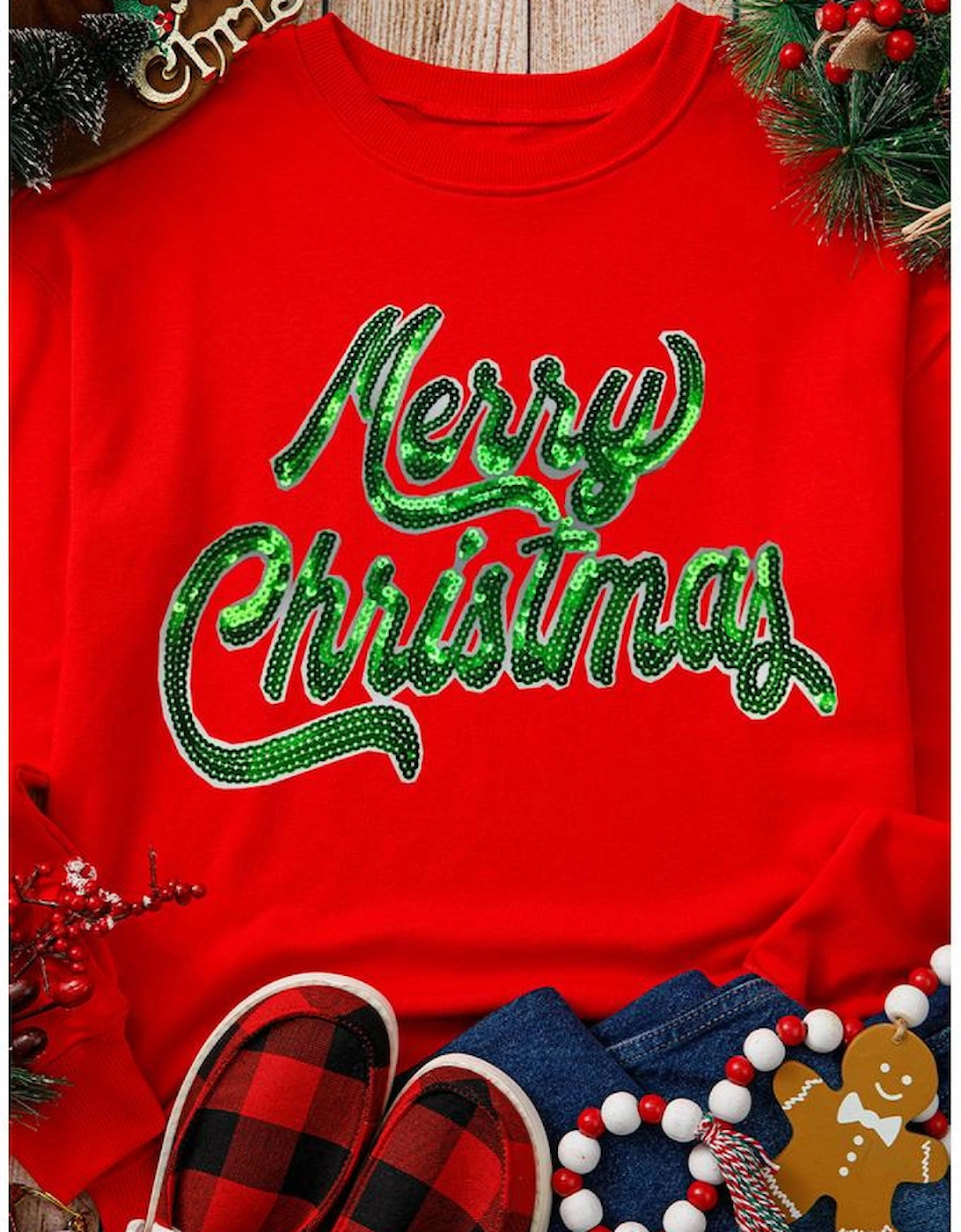 Red Merry Christmas Crewneck Drop Shoulder Loose Sweatshirt