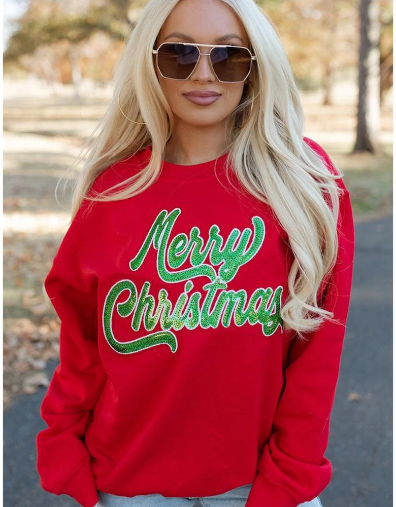 Red Merry Christmas Crewneck Drop Shoulder Loose Sweatshirt