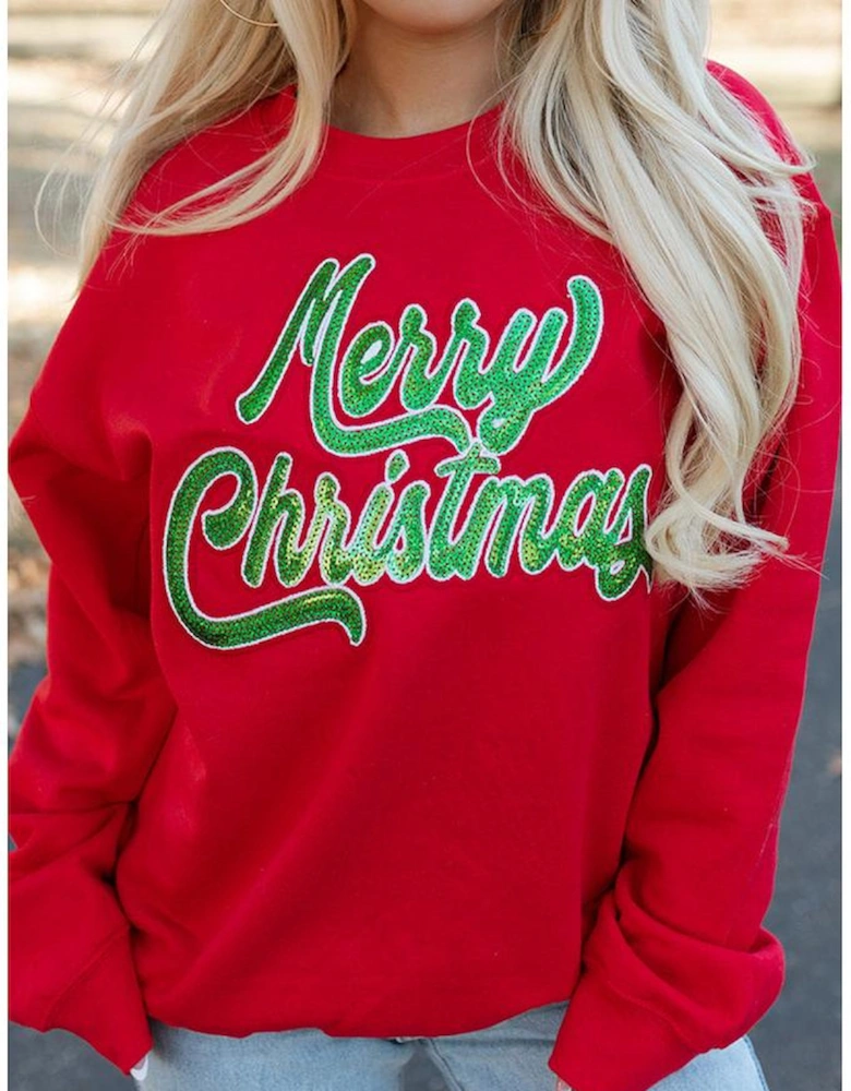 Red Merry Christmas Crewneck Drop Shoulder Loose Sweatshirt