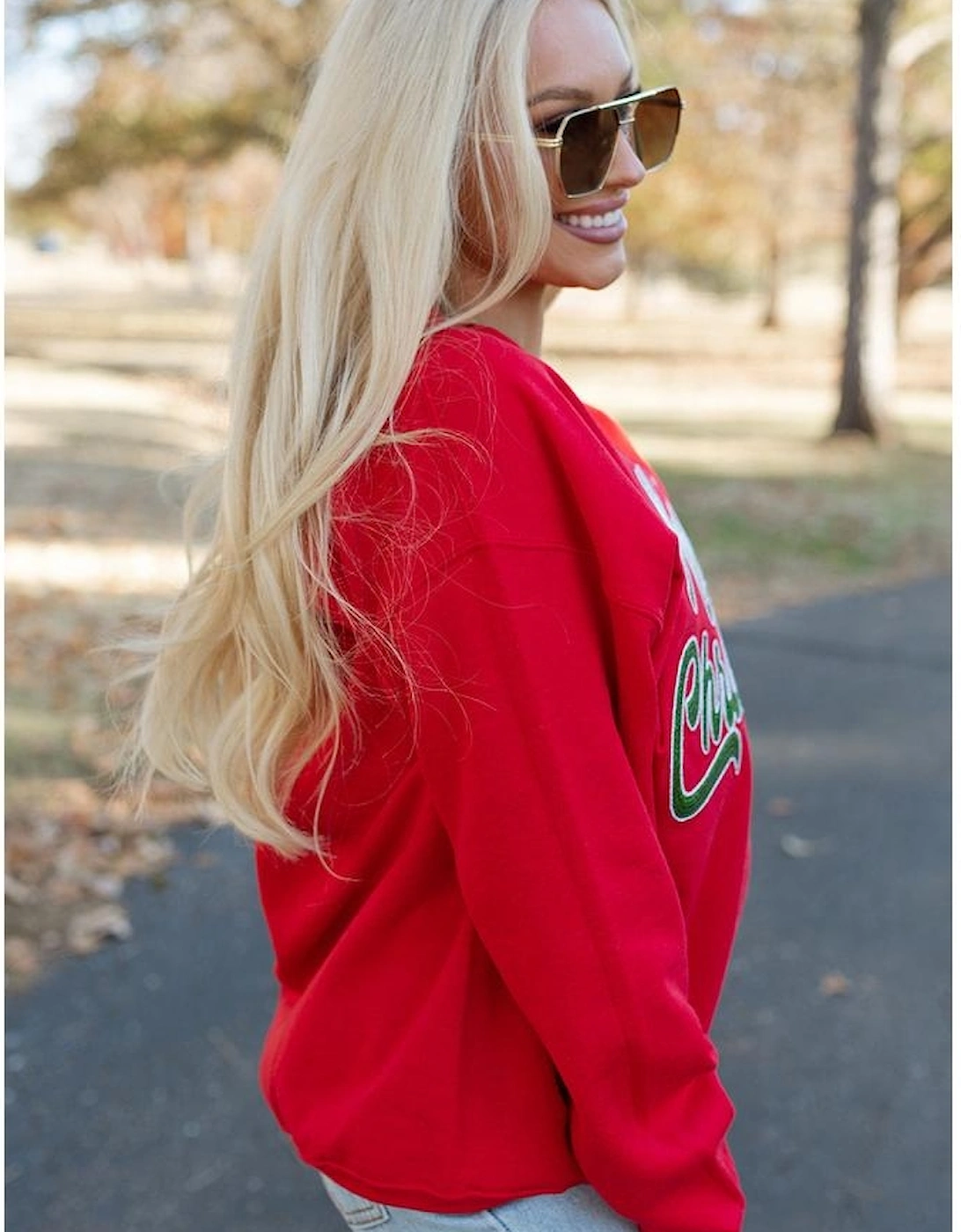 Red Merry Christmas Crewneck Drop Shoulder Loose Sweatshirt