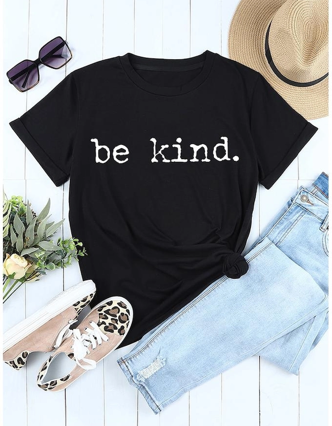Black be kind Letter Print Round Neck Casual T Shirt