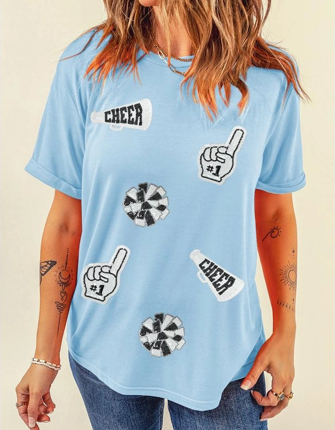 Light Blue Cheer Game Day Element Sequin Patched T Shirt