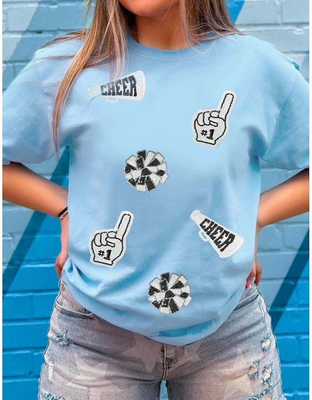 Light Blue Cheer Game Day Element Sequin Patched T Shirt