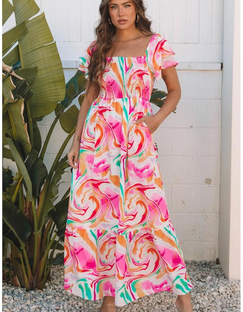 Pink Abstract Print Ruffled Sleeve Smocked Bust Maxi Dress