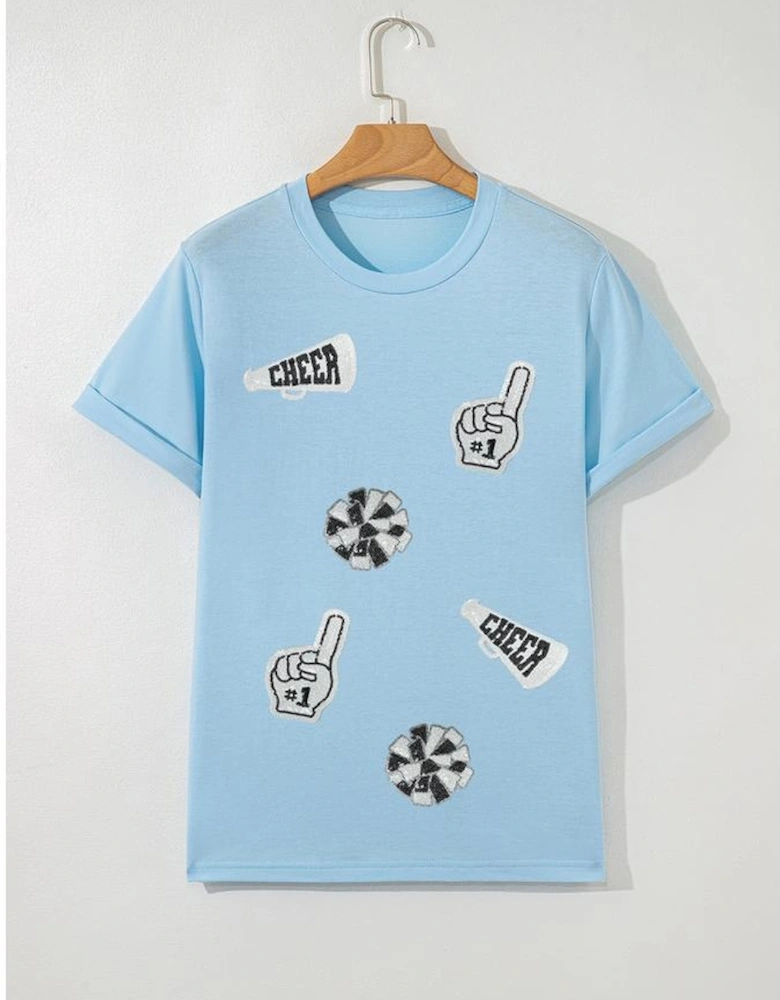 Light Blue Cheer Game Day Element Sequin Patched T Shirt