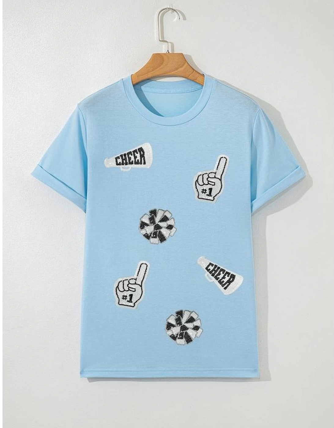 Light Blue Cheer Game Day Element Sequin Patched T Shirt