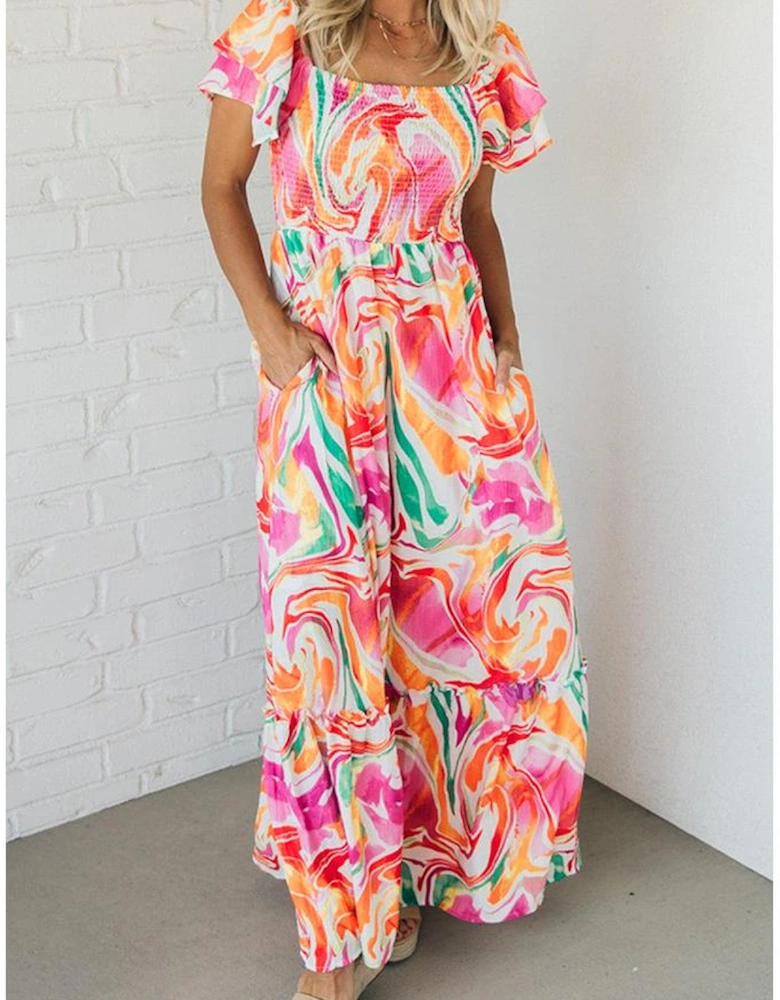 Pink Abstract Print Ruffled Sleeve Smocked Bust Maxi Dress