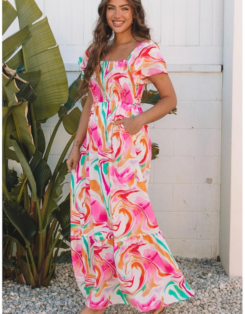 Pink Abstract Print Ruffled Sleeve Smocked Bust Maxi Dress