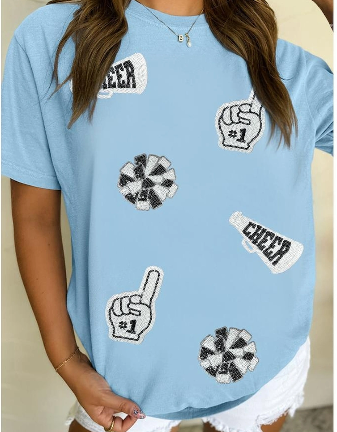Light Blue Cheer Game Day Element Sequin Patched T Shirt