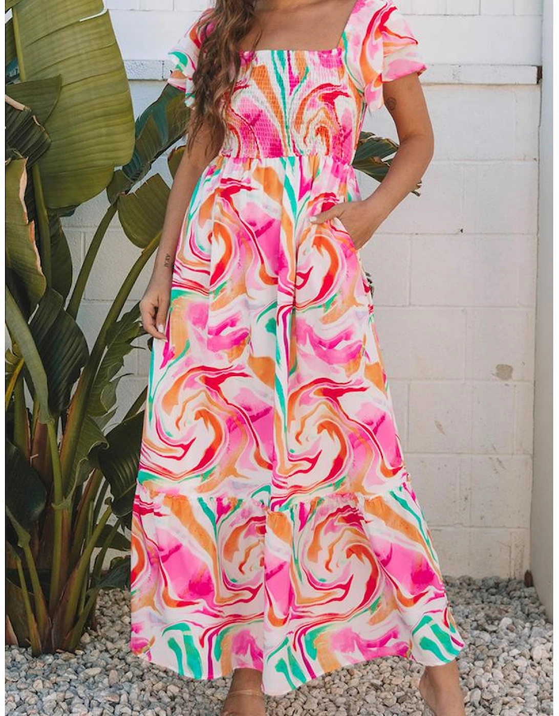 Pink Abstract Print Ruffled Sleeve Smocked Bust Maxi Dress