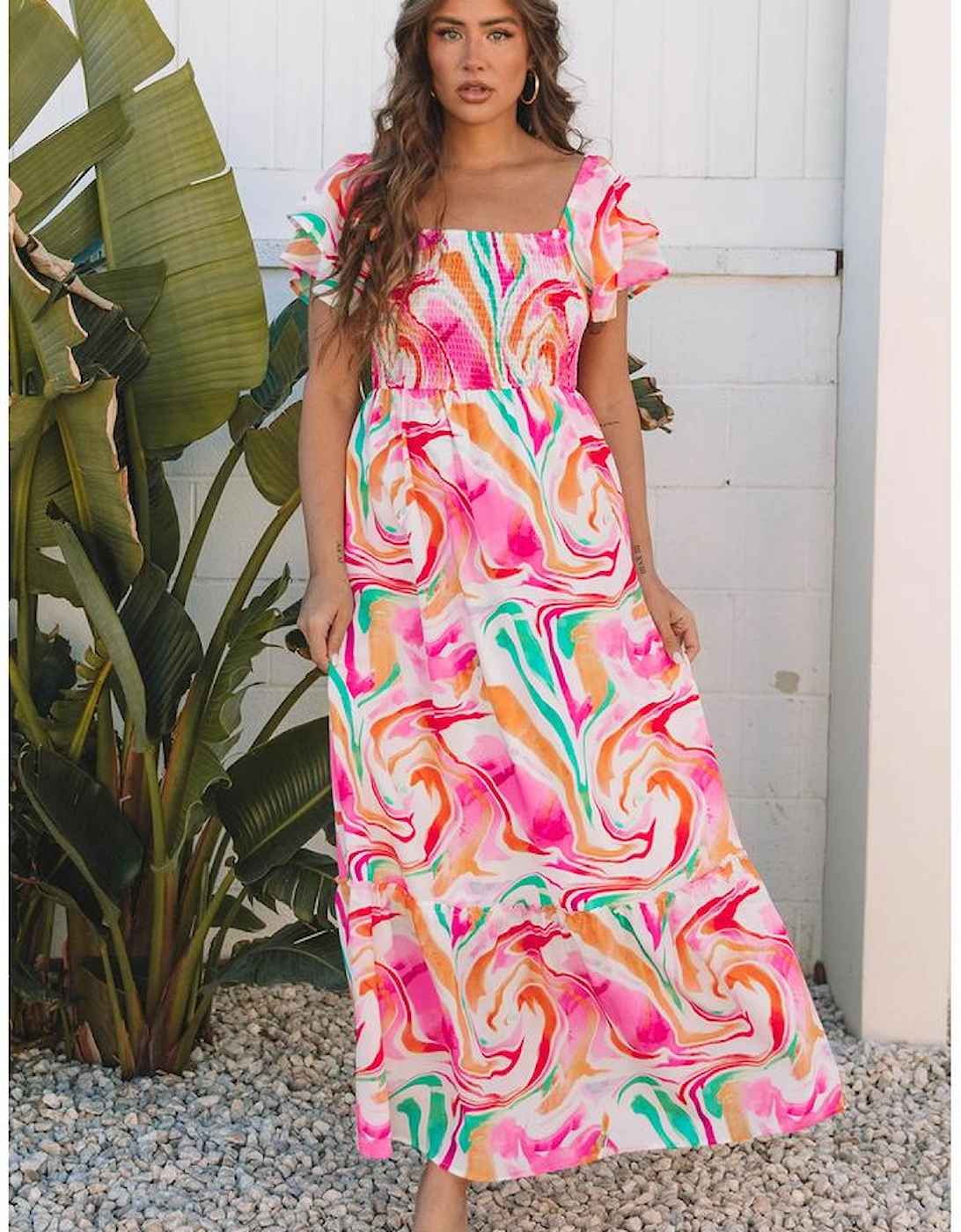 Pink Abstract Print Ruffled Sleeve Smocked Bust Maxi Dress