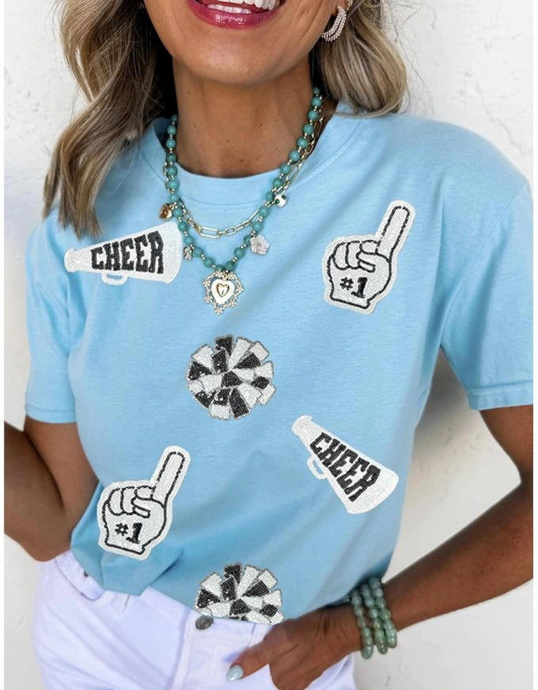 Light Blue Cheer Game Day Element Sequin Patched T Shirt