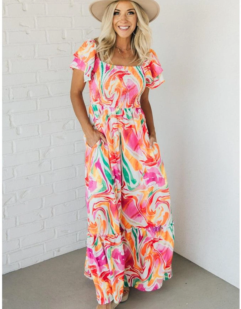 Pink Abstract Print Ruffled Sleeve Smocked Bust Maxi Dress