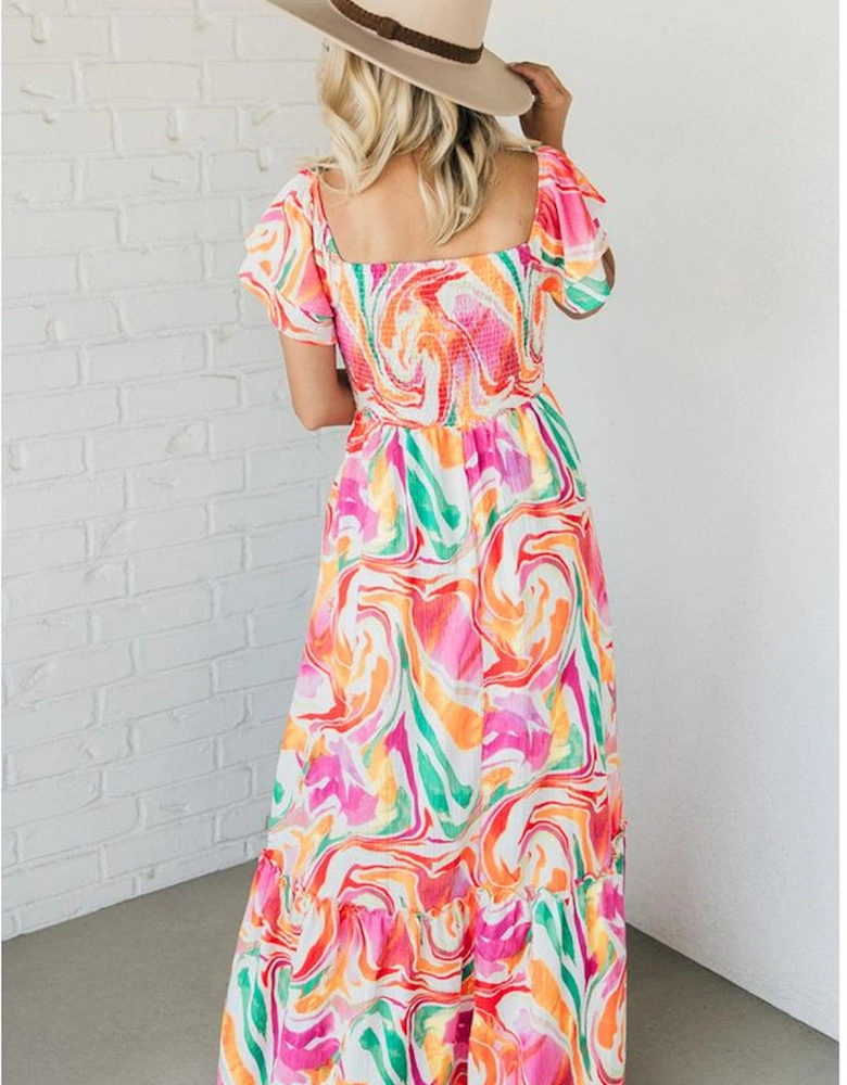 Pink Abstract Print Ruffled Sleeve Smocked Bust Maxi Dress