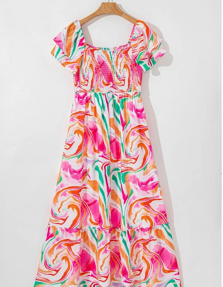 Pink Abstract Print Ruffled Sleeve Smocked Bust Maxi Dress