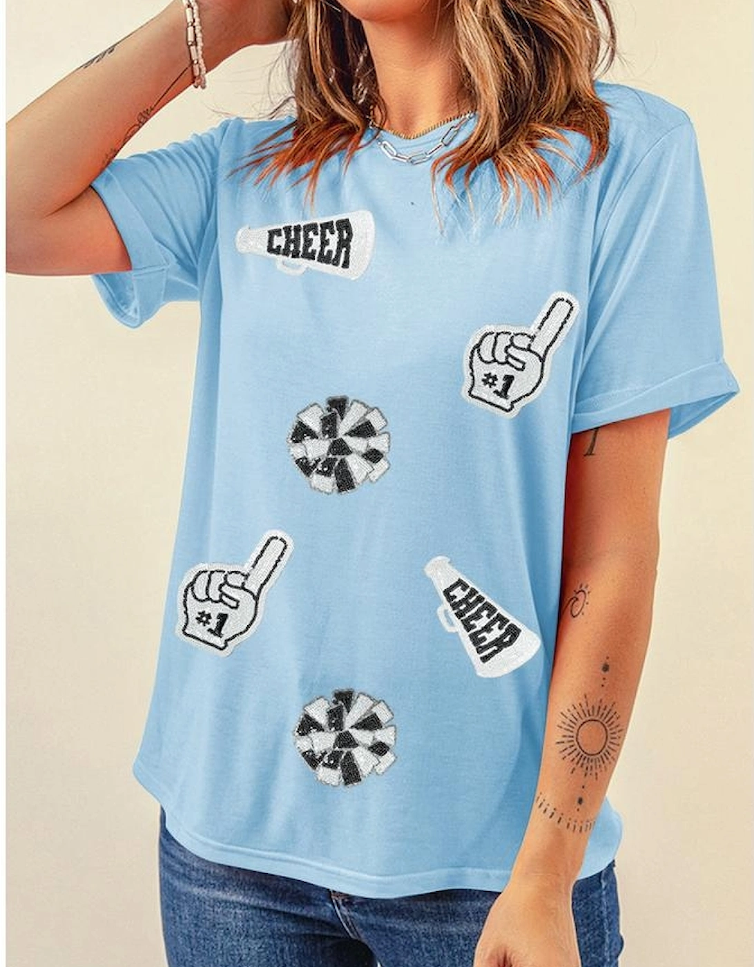 Light Blue Cheer Game Day Element Sequin Patched T Shirt