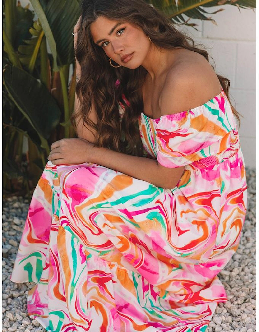 Pink Abstract Print Ruffled Sleeve Smocked Bust Maxi Dress