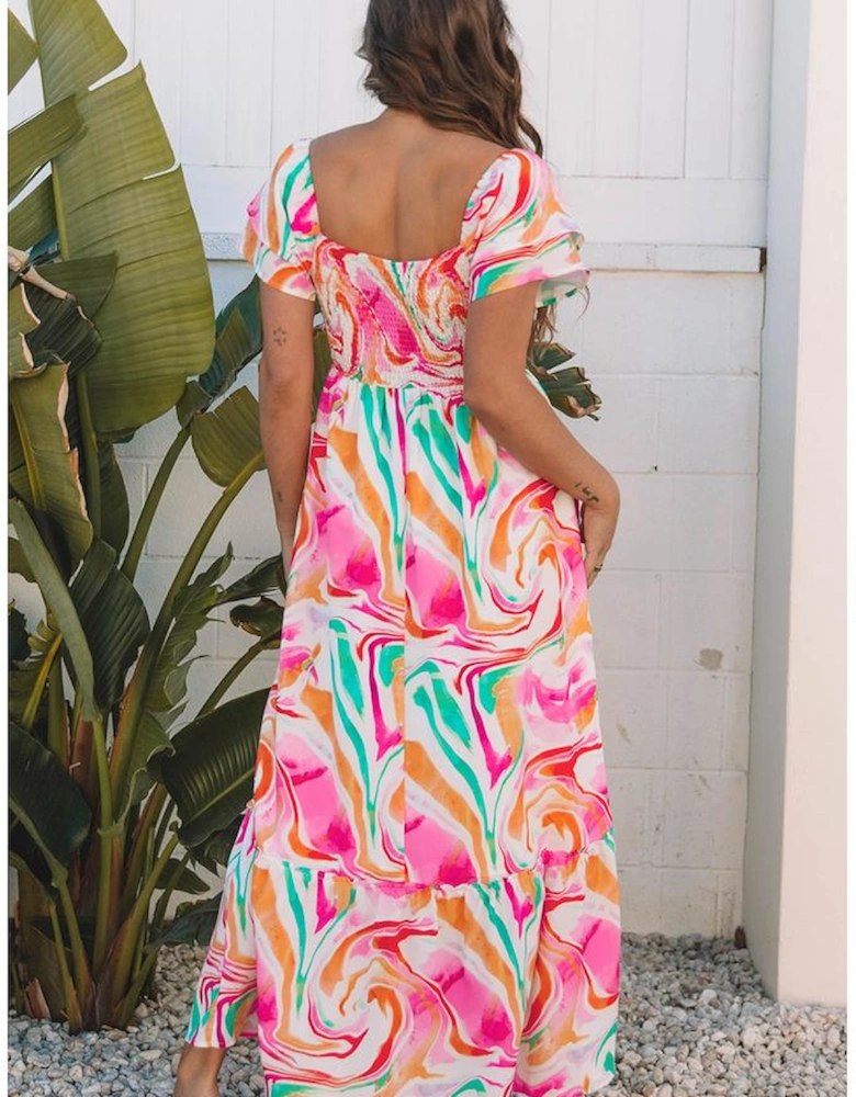 Pink Abstract Print Ruffled Sleeve Smocked Bust Maxi Dress