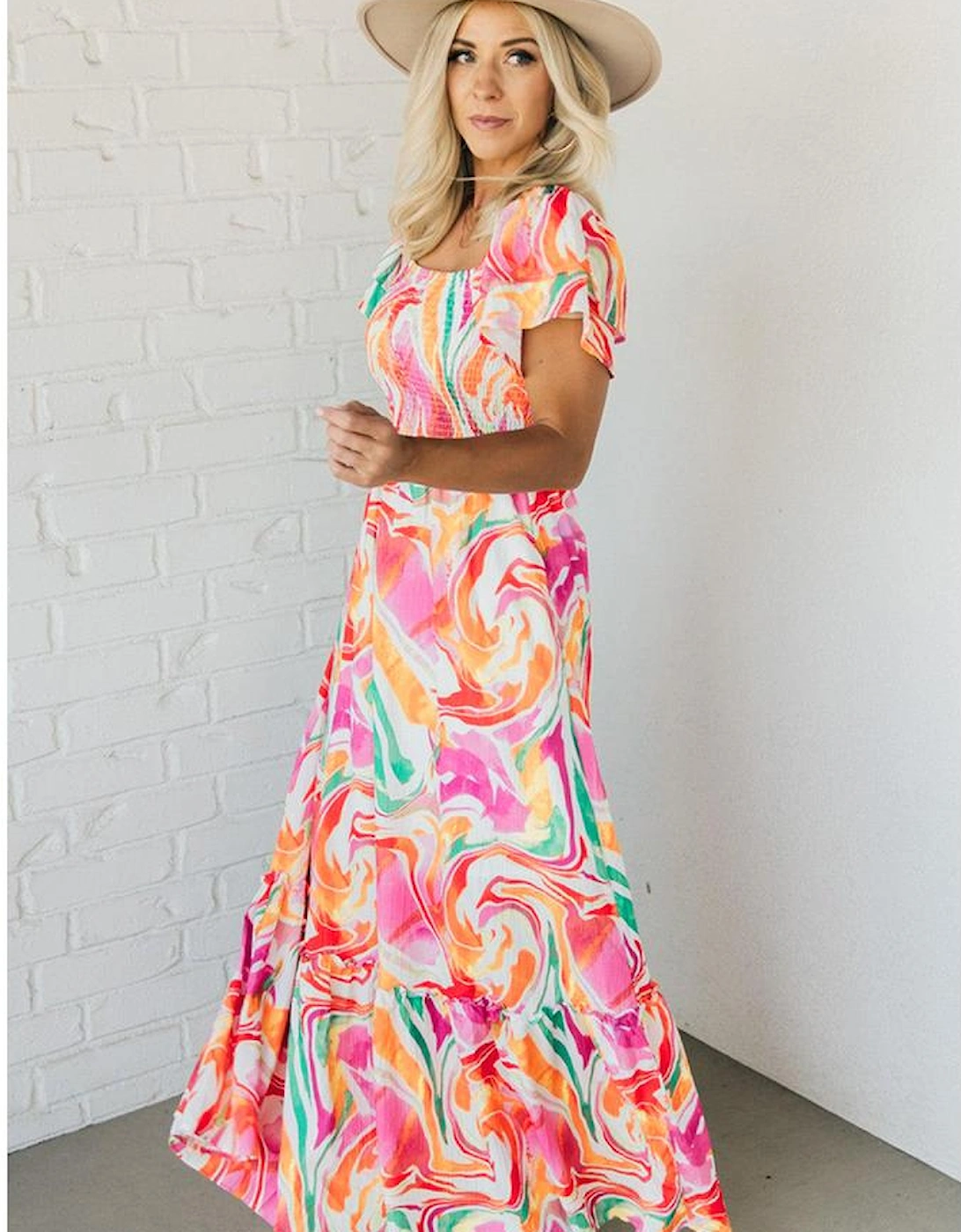 Pink Abstract Print Ruffled Sleeve Smocked Bust Maxi Dress